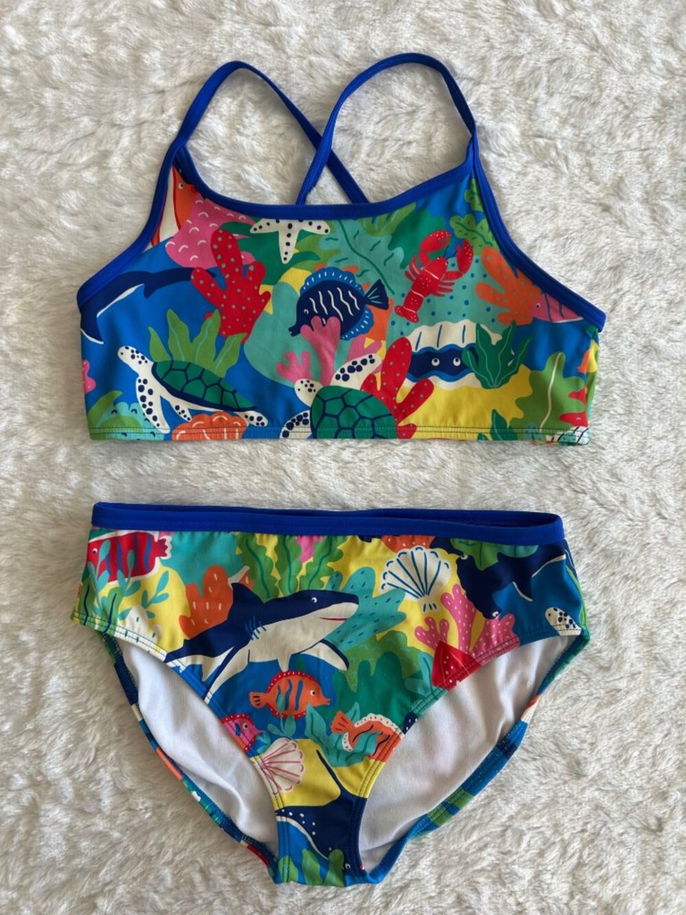 Girls Boden Swimsuit Bikini Set With Ocean Print & Crisscross Back Size 13/14